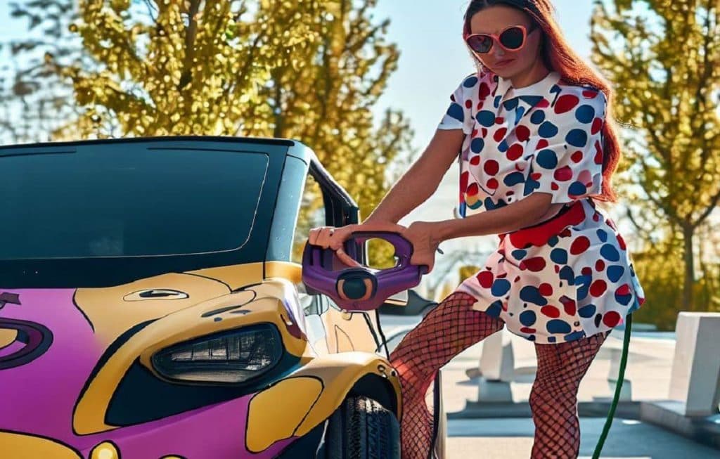 Imagen de una mujer recargando su vehículo eléctrico