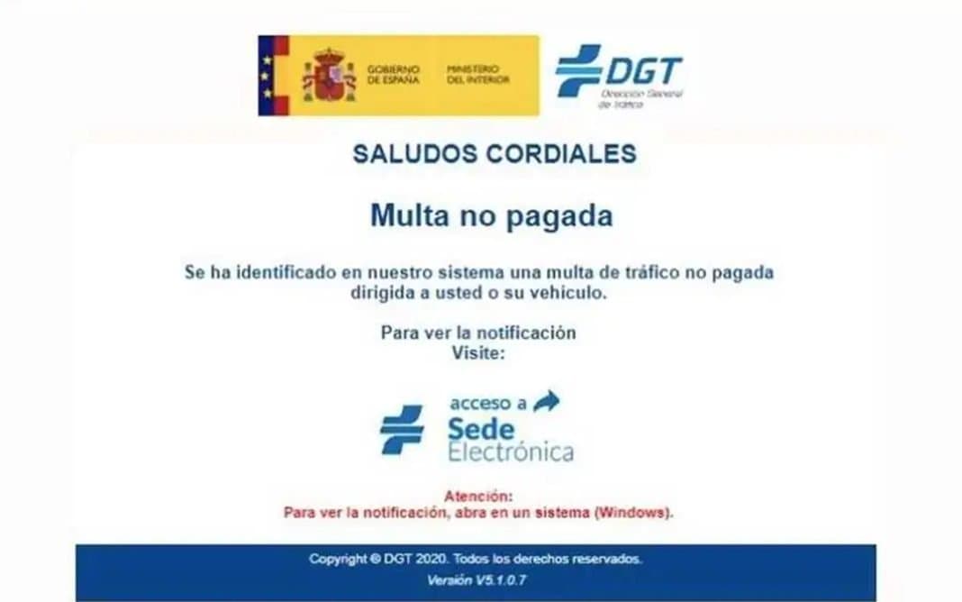Email de phishing imitando a la DGT Captura email phishing DGT multa