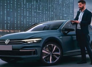 ¿Es Volkswagen la marca más sincera sobre la ciberseguridad de sus modelos? Imagen de un Volkswagen delante de un panel ciberseguro