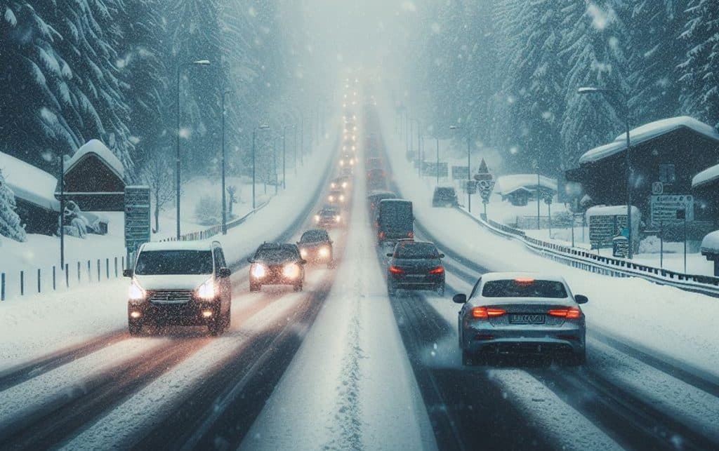 Imagen de vehículos circulando un día de nieve