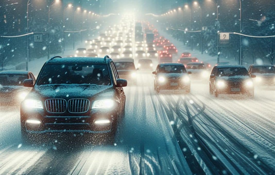 Imagen de vehículos circulando un día de nieve