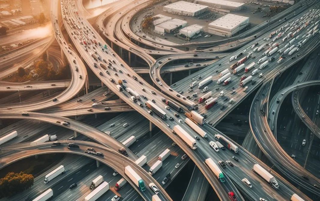 Imagen de una carretera por la que circulan muchos camiones
