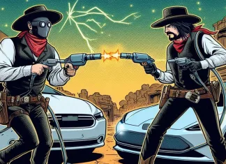 Ciberdelincuentes vs. conductores: La batalla por el control de los vehículos eléctricos se juega en los cargadores Imagen artística de dos hackers con vehículos eléctricos mientras mantienen un duelo