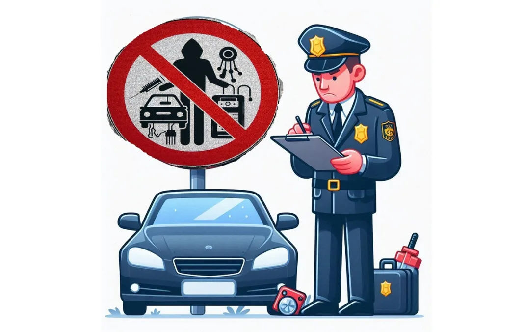 una señal que represente prohibido utilizar aparatos para hackear coches con un policía cerca mirándola Imagen de un policía junto a una señal de prohibición de uso de aparatos