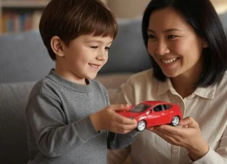 Este 4 de mayo… ¿Qué regalarle a una madre amante de los coches? Un niño entrega un coche de juguete a su madre