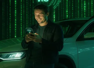¿Qué es, en realidad, un ‘coche conectado’ -y de qué es capaz-? Imagen de una persona situada junto a su coche conectado