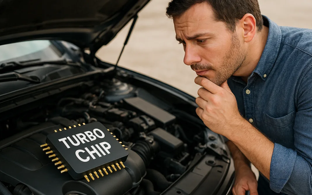Imagen artística de un vehículo que lleva un chip sobre la cubierta del motor