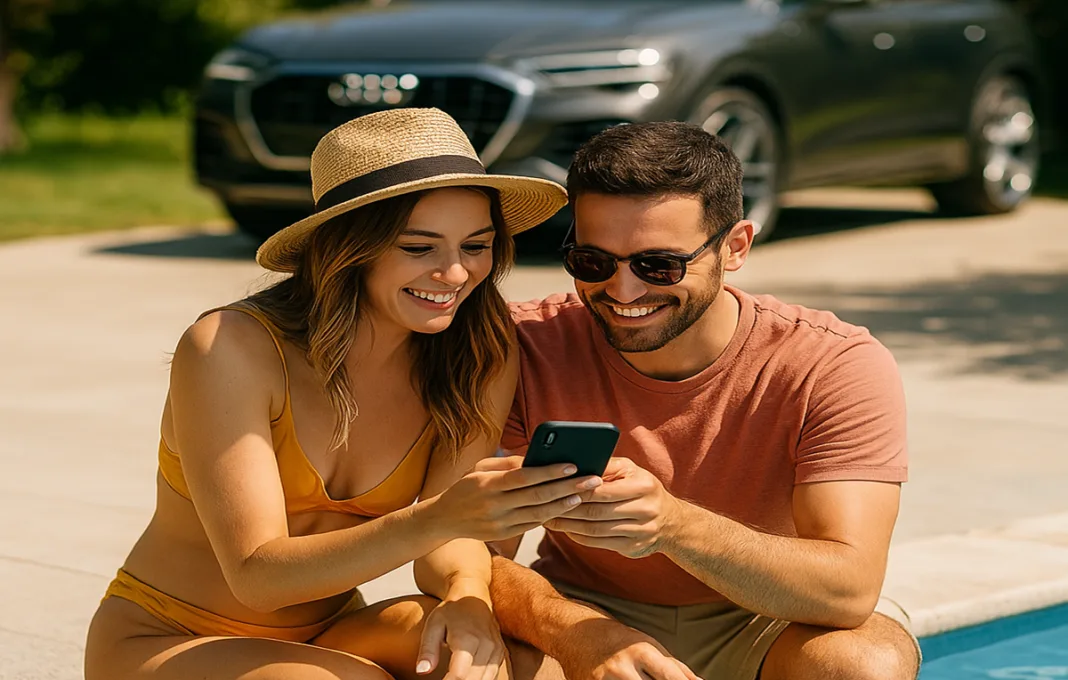 Imagen de una pareja en una piscina con su coche al fondo