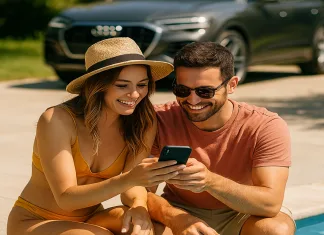 Cinco consejos para mejorar tu ciberseguridad en las vacaciones de verano Imagen de una pareja en una piscina con su coche al fondo