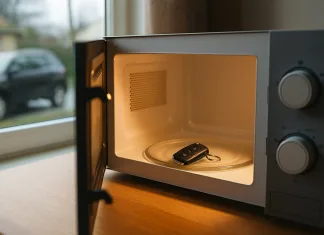 ¿Es posible que un electrodoméstico sea clave para evitar un ciberataque a tu vehículo? Representación de un microondas con una llave dentro