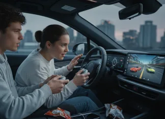 ¿Son seguros los juegos que ahora ofrece Google para disfrutar en un coche? Dos personas juegan un videojuego a bordo de un coche