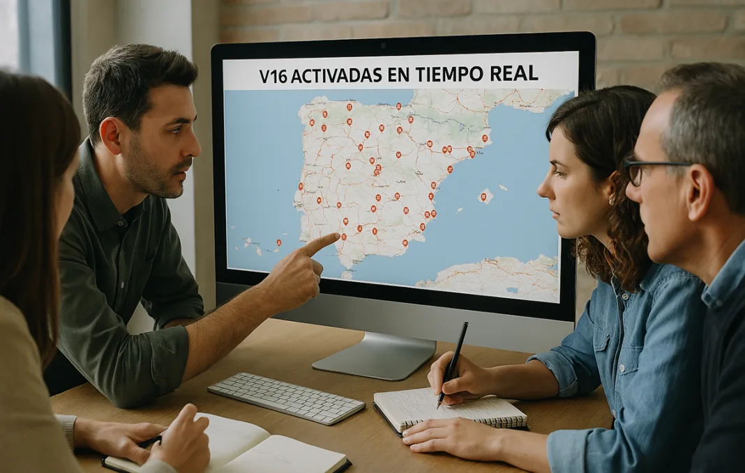 Imagen de personas consultando el mapa de las balizas V16