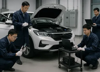 ¿Coches que no se puedan romper… por ley? En China tendrán que superar una prueba tanto si son de combustión… como eléctricos Varios operarios analizan la fiabilidad de un modelo