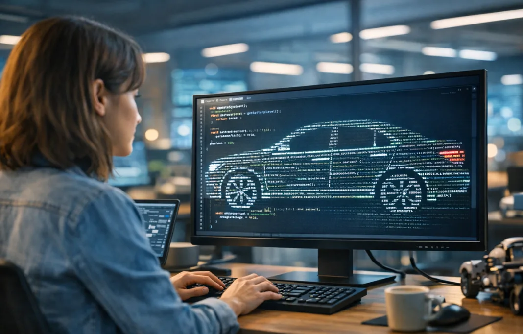 Mujer creando código para software de vehículo, recreación