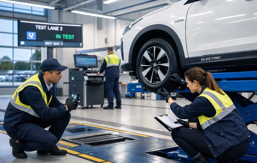 Imágenes de operarios en la ITV viendo coche eléctrico