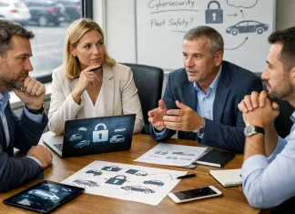 Qué preguntas de ciberseguridad debería hacerse una empresa antes de adquirir una flota de vehículos Equipo de una empresa habla de ciberseguridad en flotas