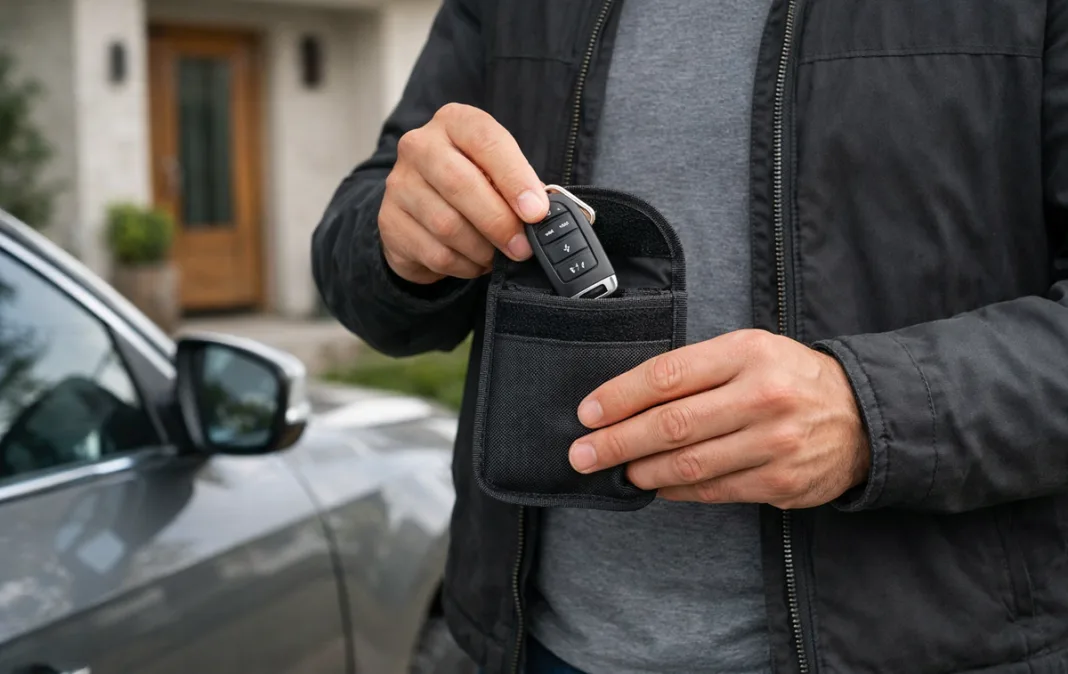funda-faraday-hackercar Imagen de una persona guardando su llave en una funda de Faraday