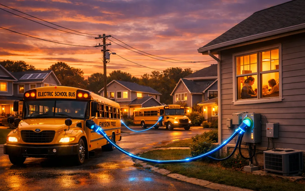 Imagen que simula un autobús suministrando electricidad a una casa