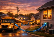 Este es el interesante uso que tendrán los autobuses eléctricos escolares durante el verano Imagen que simula un autobús suministrando electricidad a una casa