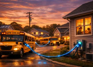 Este es el interesante uso que tendrán los autobuses eléctricos escolares durante el verano Imagen que simula un autobús suministrando electricidad a una casa